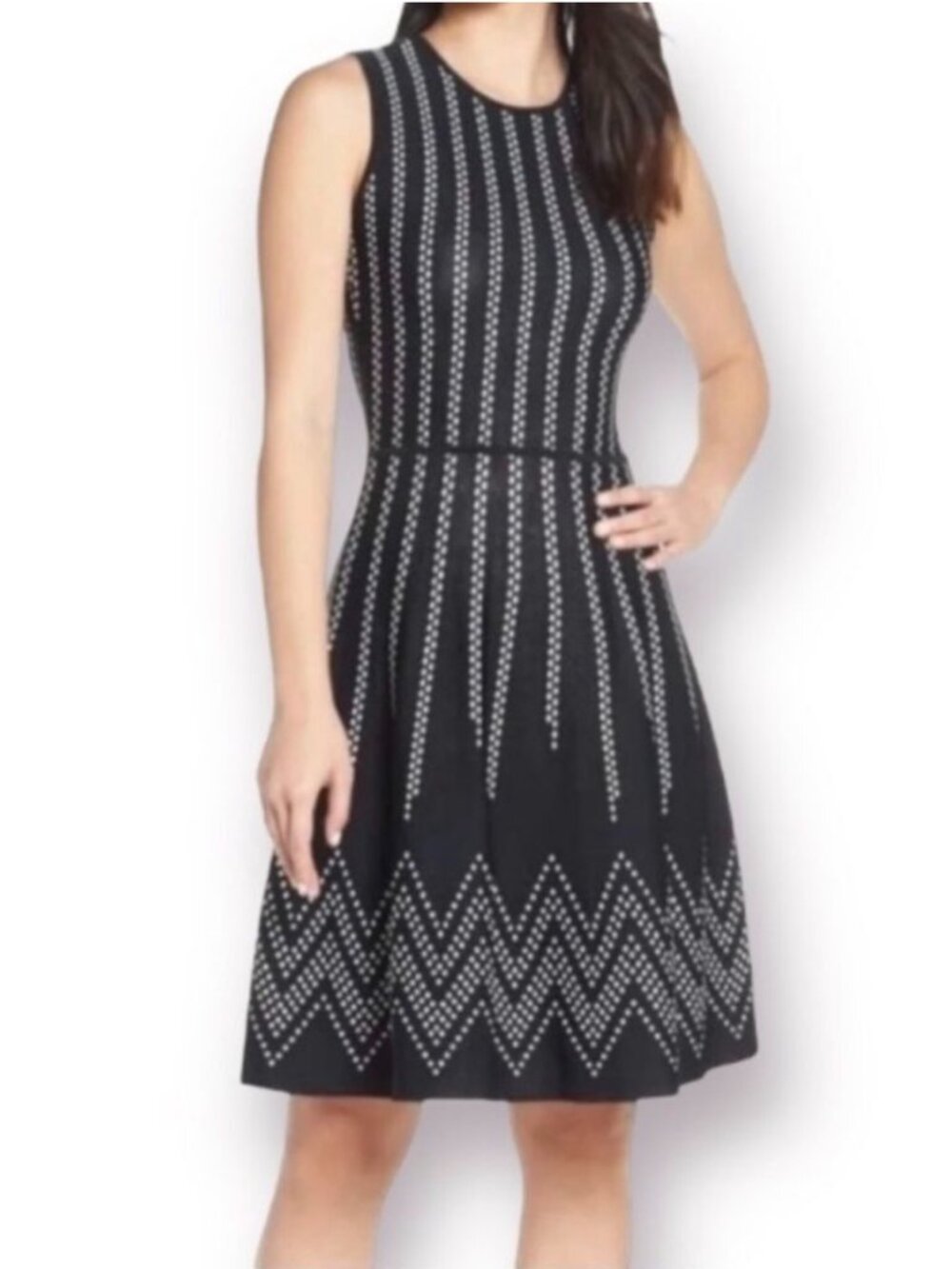 Eliza J Stippled Jacquard Dots Fit&Flare Sleeveless Sweater Knit Dress